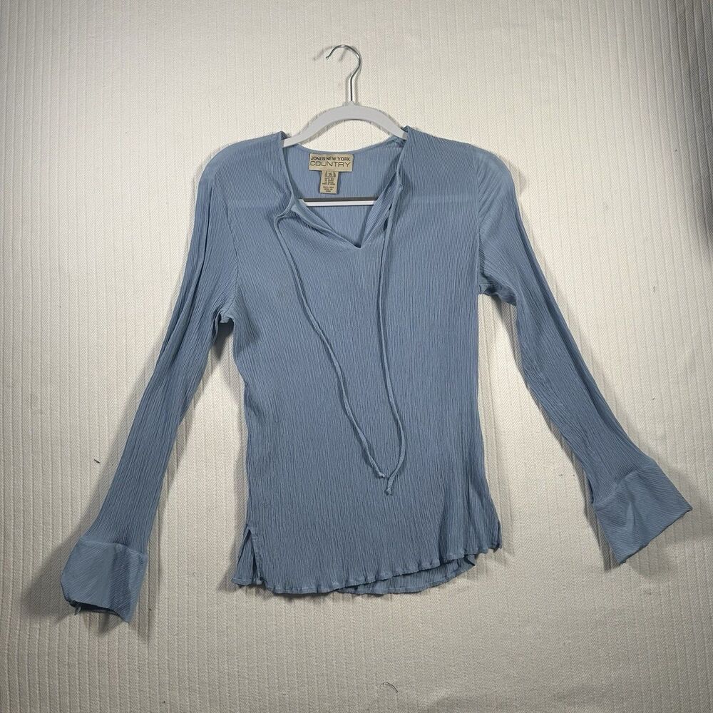 Jones New York Country Womens Size 16 Light Blue Crinkle Tie Neck Long Sleeve